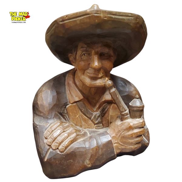 Vintage Black Forest Style Hand-Carved Wooden Bust Smoking Man Figurine - 7in Tall
