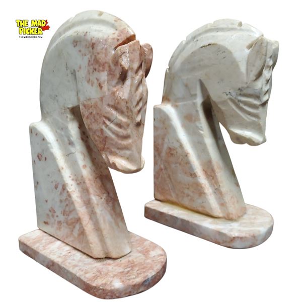 Pair of Vintage Mid-Century Pink Marble Carved Equestrian Figural Horse Head Bookends