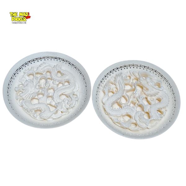 Pair of 3in Carved Ivory Dragon Plates