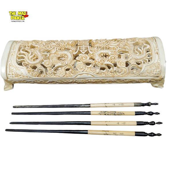 Antique Chinese Carved Box with Village Scenes and 4 Brush Pens Qing Dynasty Era