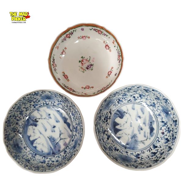 Vintage Chinese Porcelain Ling Long Rice Bowls Jingdezhen 1990s Blue White and Famille Rose