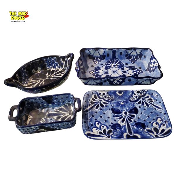 Hand-Painted Mexican Talavera Ceramic Casserole and Serving Dishes Blue Floral Design