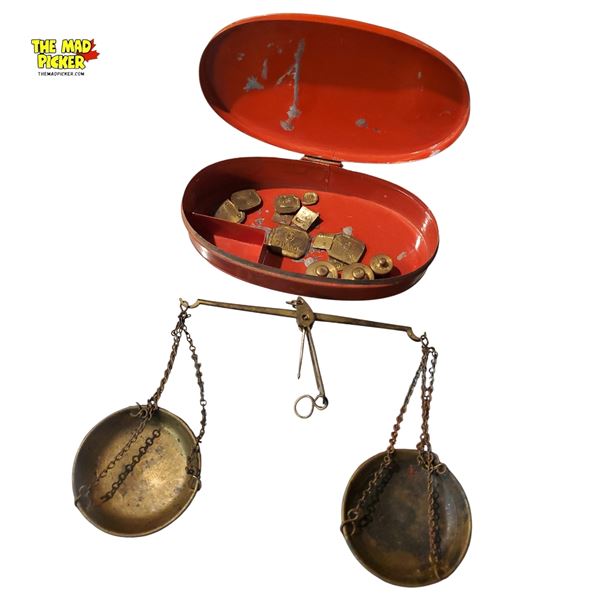 Antique 19th Century California Gold Rush Brass Pocket Scale with Toleware Box