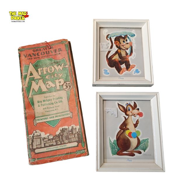 Arrow Map of Greater Vancouver 1970s Roy Wrigley & Framed Chimpy & Hoppy Mini Artwork