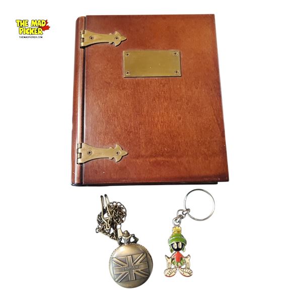 The Bombay Company Vintage Brown Wood Travel Document Case, Stopwatch & Marvin Keychain