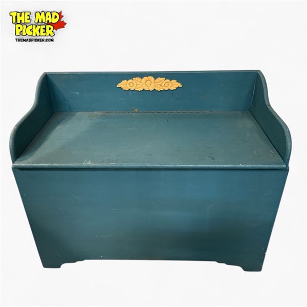 Antique Turquoise Wooden Deacon's Bench with Hidden Storage and Back - 32 X 16 1/2in X 24in Tall