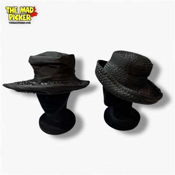 1950s Women's Black Brimmed Hats Lot of 2 Including Straw Hat