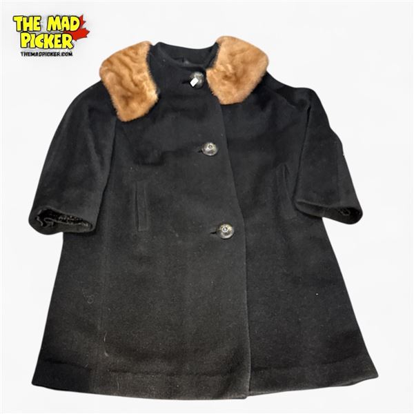 Slenderfit by Snider Vintage Black Wool a-Line Coat Mink Fur Collar Size M/l