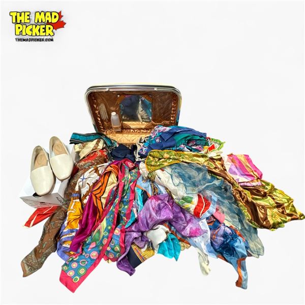 Large Collection of Assorted Vintage Scarves & Small Leather Luggage Bag