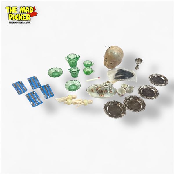 Miniature Dollhouse Green Glass Platters, Doll Head, and Cutlery Set Vintage Decor