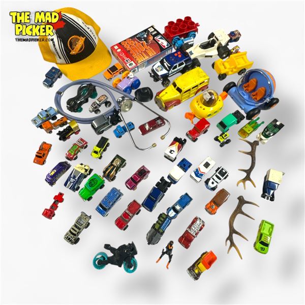 Assorted Die-Cast Toys, Canucks Cap, Antlers
