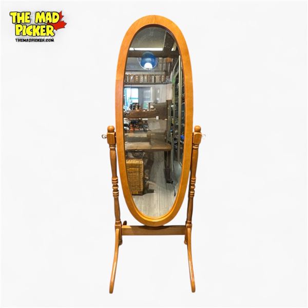 Traditional Oak Finish Tilting Oval Full-Length Wooden Cheval Mirror - Approx. 58 1/2 X 23 1/2in