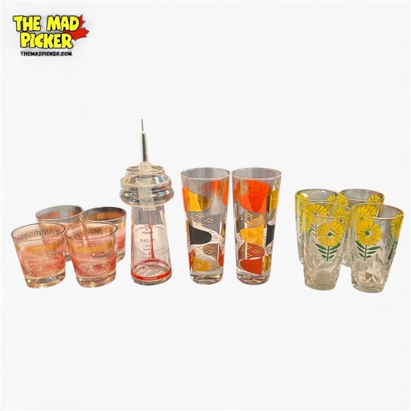 Assorted Mid-Century Modern Glassware - CN Tower Cocktail Shaker, Floral
