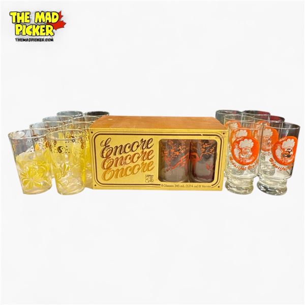 Libbey St. Clair Encore 8pc Glass Set, Jolly Miller 7pc Orange, Federal Glass 8pc Set