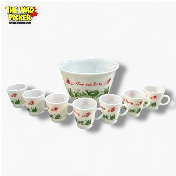 Vintage Hazel Atlas "Tom & Jerry" Milk Glass Egg Nog Set  - Victorian Style Street Scene Set