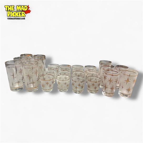 23pc Dominion Glass MCM 'Atomic Starburst' Frosted Glasses 1960s Barware Set