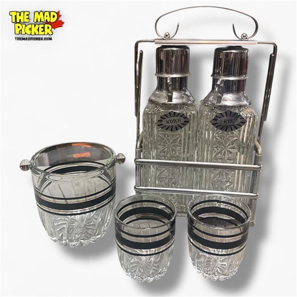 Vintage Chrome and Glass Liquor Dispenser Set with Ice Bucket and Two Glasses