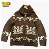 Image 2 : Cowichan-Style Brown Knit Cardigan Size L Shawl Collar White Bird Motif