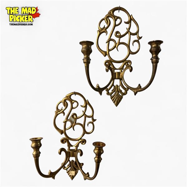 Pair of Vintage Brass Ornate Wall Candle Sconces 12.5in