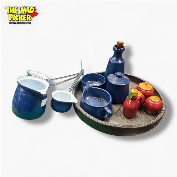 Collection of Vintage Items - Blue Enamel Steel Cooking Set, Blue Condiment Set, Hand Carved Tray