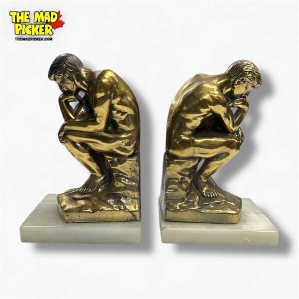 Pair of Vintage Brass "The Thinker" Bookends with Marble Bases