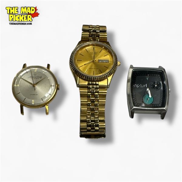 3pc Vintage Watches - Citizen Gold Tone, National Watch, Ripcurl