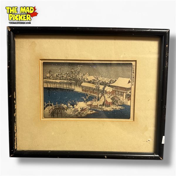 1797-1858 Japanese Wood Block Print 'Snow at Kameido Shrine' Approx. 9x7.5in