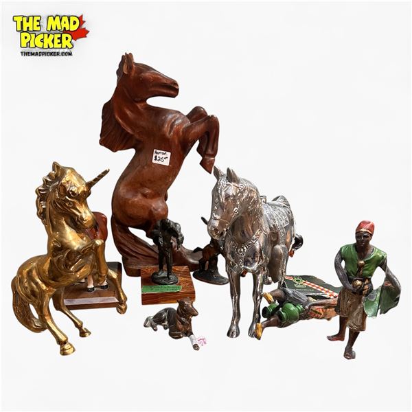 Collection of Assorted Figurines - Bronze Figurines, Brass Horse, Wooden