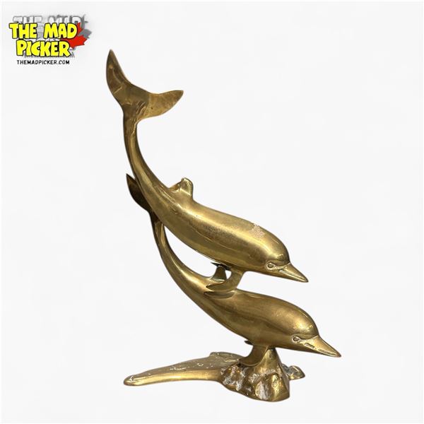 Mid-Century Solid Brass Double Dolphin Sculpture Polished Finish - 14 1/2in