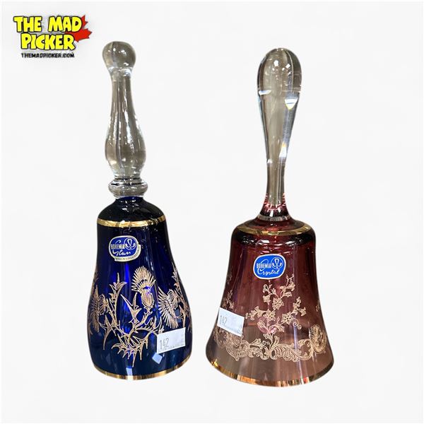 Vintage Bohemian Crystal Bells Gold Trim Hand-Painted Cobalt Blue & Amber - Approx. 6 1/2in Tall