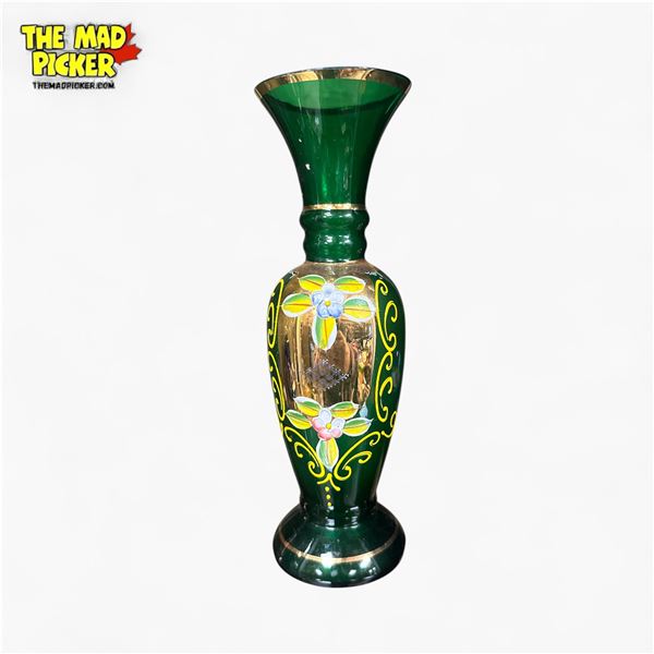 Vintage Bohemian Emerald Green Glass Vase 8" Gold Gilt Enamel Art Nouveau