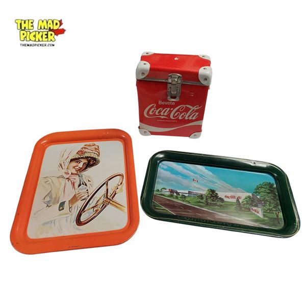 Vintage Coca-Cola Metal Advertising Trays (1970s) and Small Coca Cola Box