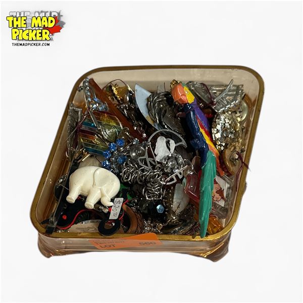 Glass Dish Full of Brooches & Fashion Jewelry - Some Vintage