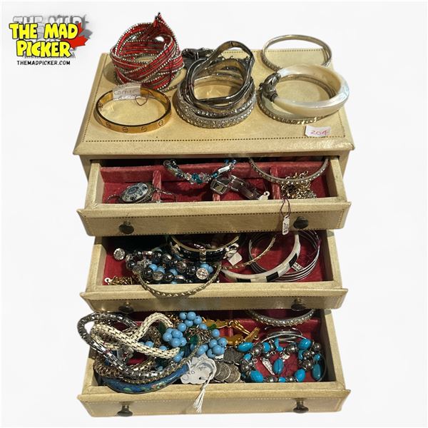 Vintage Jewelry Box Full of Bracelets - Variety of styles and materials - Box is 7" x 10" x 6" tall