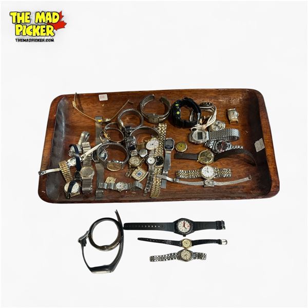 Collection of Watches & Watch Parts on Solid Wood Tray