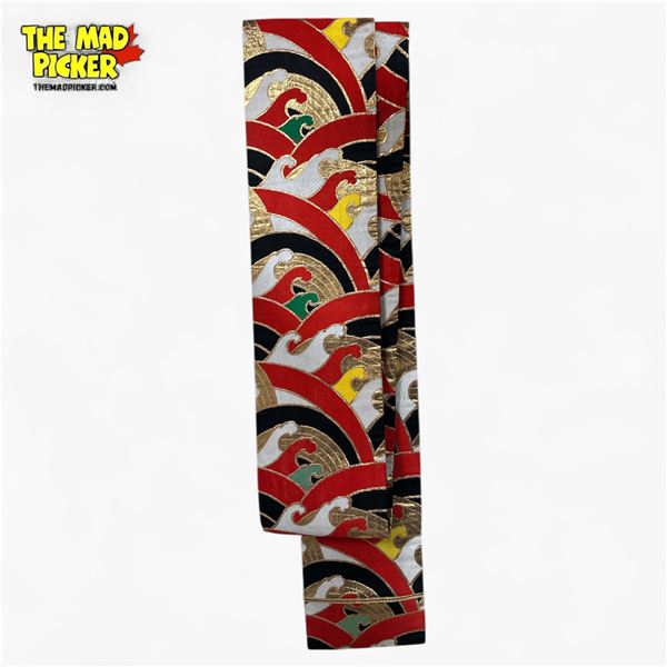 Japanese Obi Sash Red, Black, Gold Wave Pattern Silk Traditional Kimono Accessory