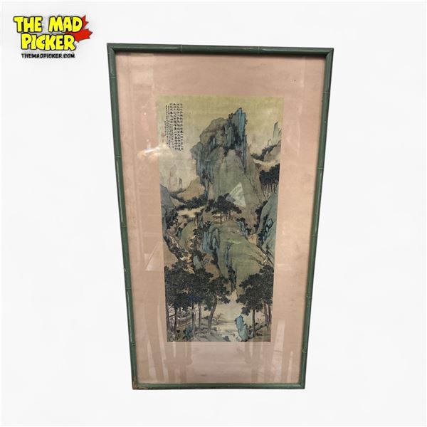 Framed Chinese Ink and Color Painting on Silk Mountainous Landscape 13.5x25 Inches