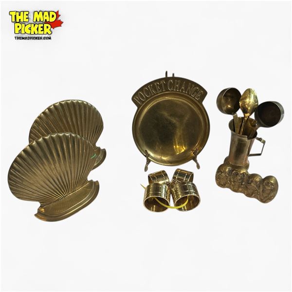 Assorted Brass Collection W/ Monkey Figurines, Napkin Rings, and Decorative Items