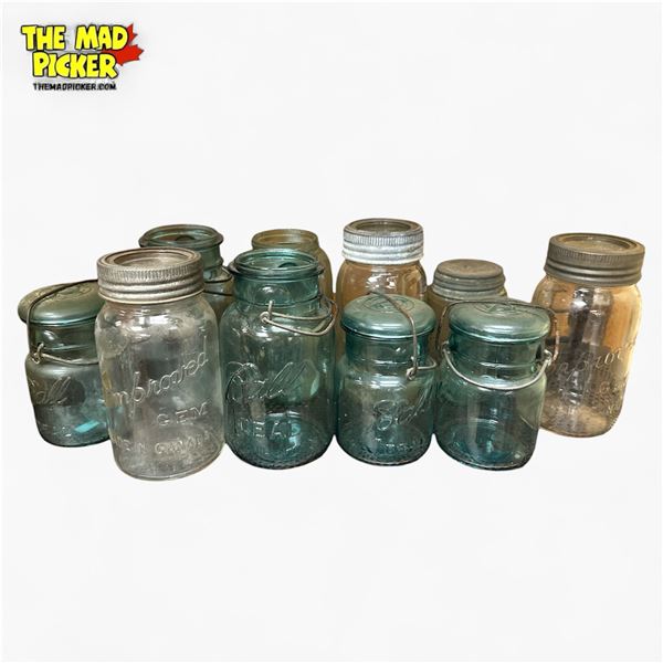Assorted Ball Mason Jars, Improved Gem, and Canadian Jewel Sealer Jars - Various Sizes