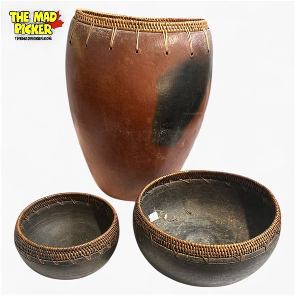 Vintage Lombok Terracotta Vase and Bowls Set with Woven Rattan Rims