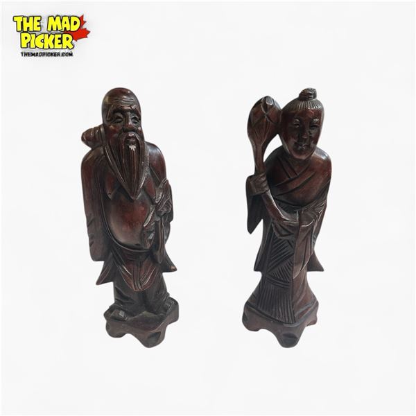 Pair of Chinese Hand-Carved Wooden Sculptures Traditional Design