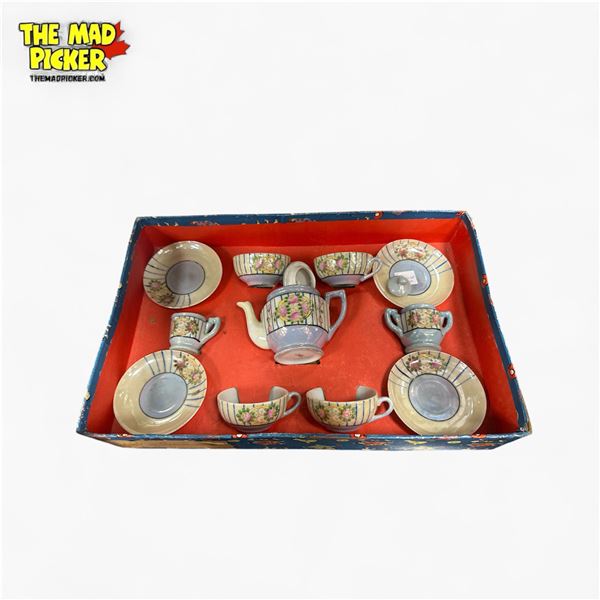 Vintage Japanese Porcelain Miniature Toy Tea Set with Hand-Painted Floral Design