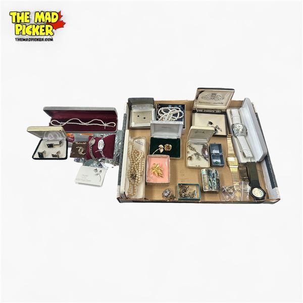 Box Lot of Vintage Fashion Jewelry and Watches (Faux Pearls, Black Alaska Diamond Necklace & Earring