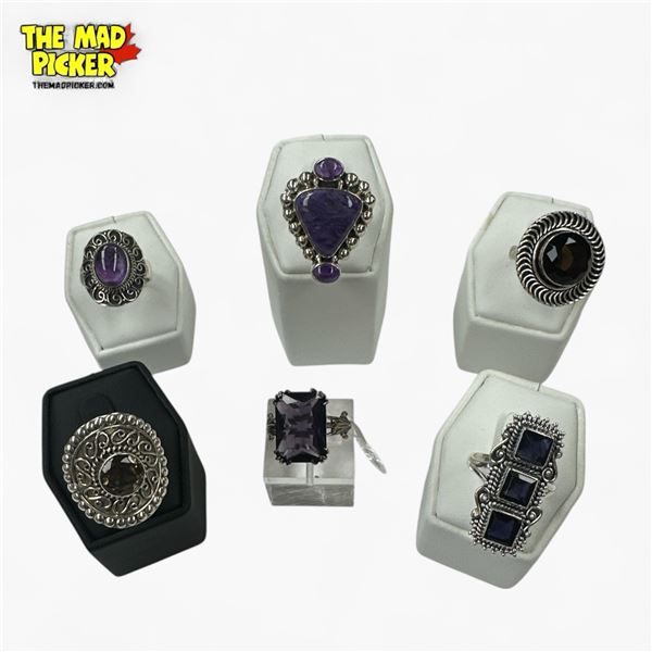 6 New Amethyst Rings in Silver Settings - Some polished and some faceted Amethyst crystal (all stamp