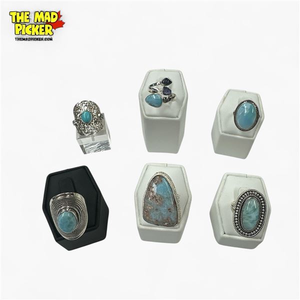 6 New Polished Larimar Stone Rings in Silver Settings (all stamped .925) Total weight: 57 grams