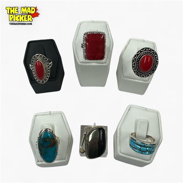 6 New Polished Natural  Stone Rings in Silver Settings - Red Jasper, Pyrite, and Turquoise (all stam