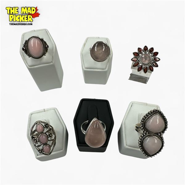 6 New Andean Opal, Garnet Crystal and Amethyst Cabochon Rings in Silver Settings (all stamped .925)