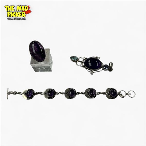 New Amethyst Cabochon Ring, Pendant & Bracelet in Silver Settings - Pendant has faceted gemstone acc