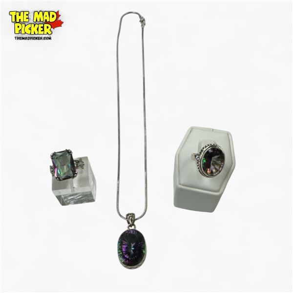New Mystic Topaz Pendant Necklace on 19" Chain & 2 Rings in Silver Settings (all stamped .925) Total