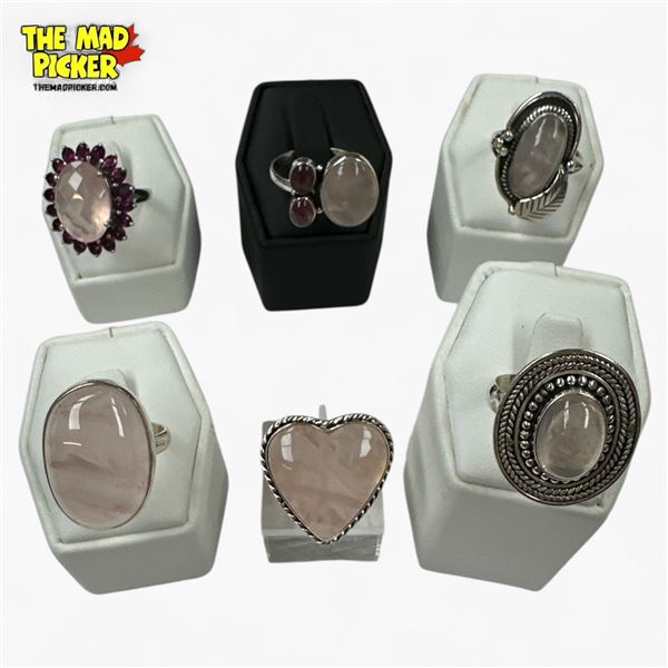 6 New Rose Quartz Rings in Silver Settings (all stamped .925) Total weight: 52.5 grams